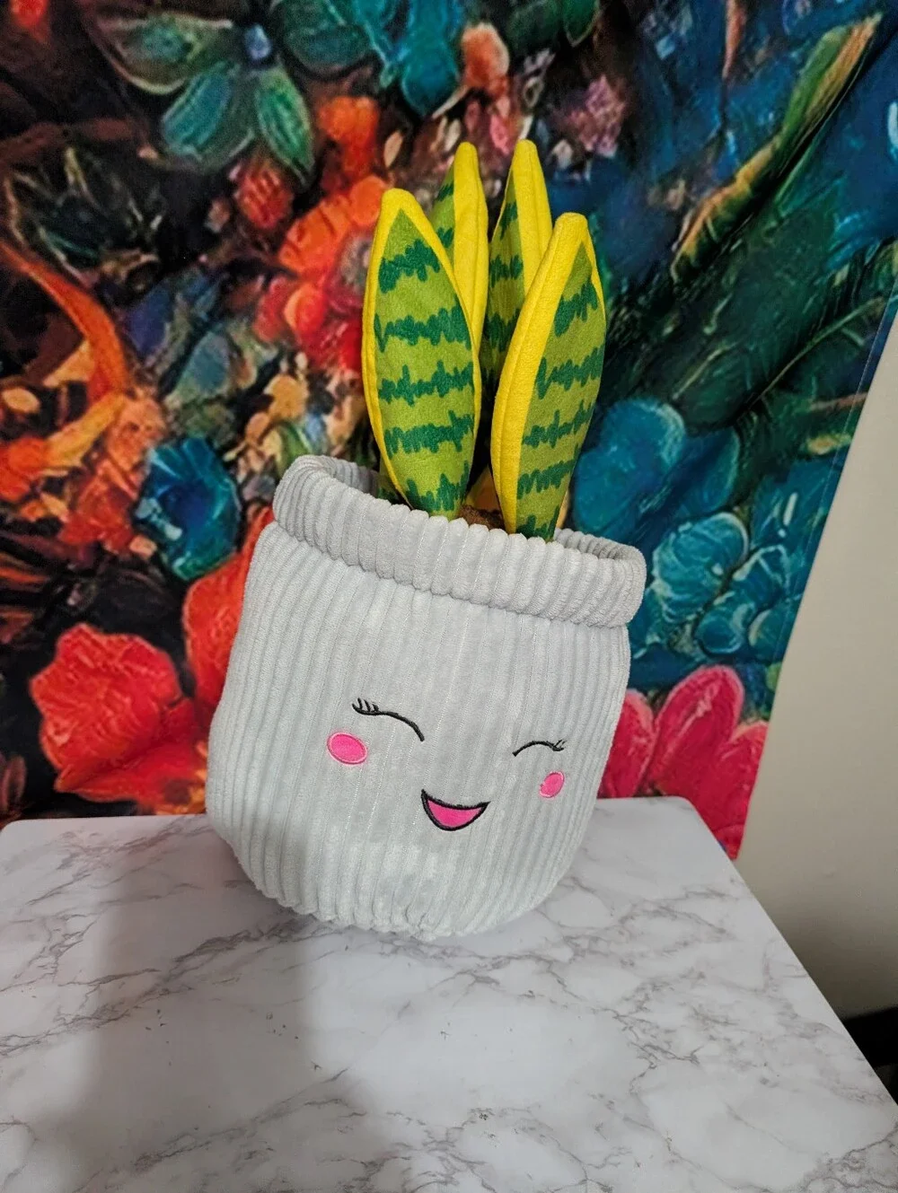 Toy Factory Plush Smiling Snake Plant Pot - Light Gray with Green Leaves